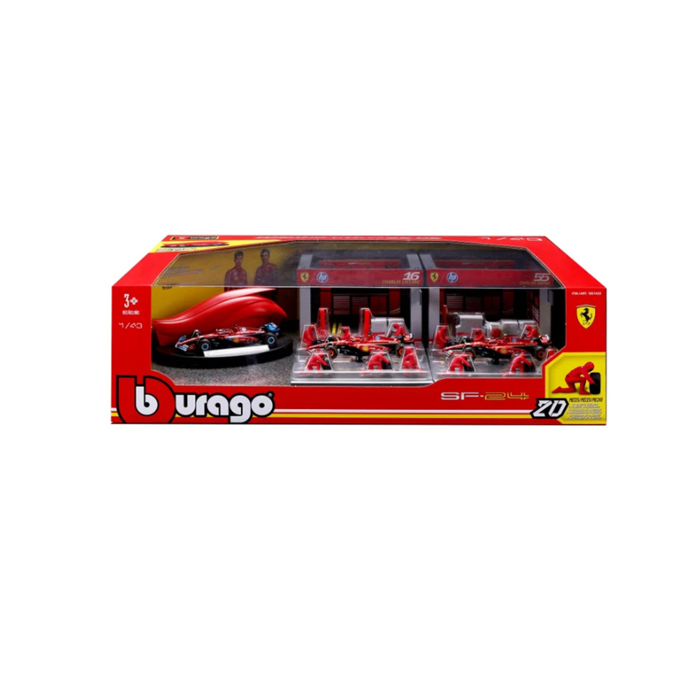 Bburago 1:43 Deluxe Paddock Ferrari Racing 3x F1 Cars Pit Crew NEW 20pc Set